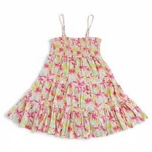 Womens Tropical Floral Smocked Tiered Mini Dress Pink Mint Summer Vacation Cover